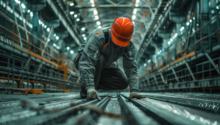 Focused worker in safety gear examines the floor in a large industrial warehouse settingの素材
