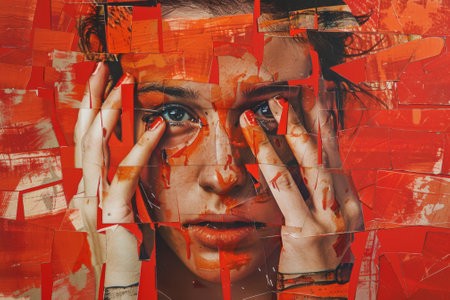 Emotional and complex artistic photo collage of a womans face with abstract red fragmentsの素材