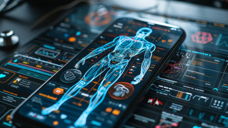 Advanced e-health app displaying a human anatomy interface on a smartphone, with medical tools nearbyの素材