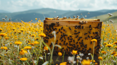Bees swarm a hive amidst a vibrant field of flowers under a clear sky, illustrating natures pollination processの素材