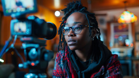 Focused black woman with glasses records a video blog on her smartphone in a cozy indoor settingの素材
