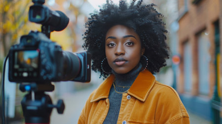 Stylish young black woman with afro hairstyle records a vlog using a smartphone camera in the cityの素材