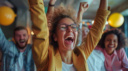 Excited and energetic business team celebrates a successful achievement with joyの素材