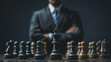 Businessman stands with crossed arms behind a chessboard, symbolizing strategic management and powerの素材