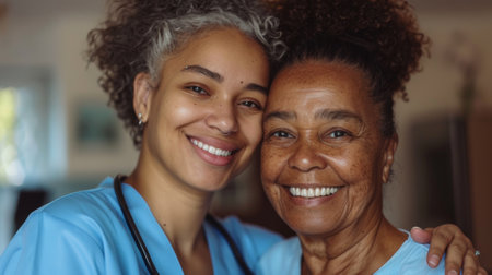 Warm portrait of a smiling young female caregiver with a senior woman, conveying care and companionshipの素材