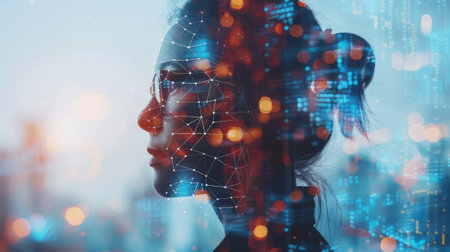 Abstract image blending a female face with digital network concept, evoking influencer marketingの素材
