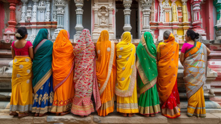 Indian women in vibrant saris stand outside an ornate temple, showcasing cultural fashionの素材