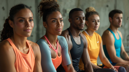 Multiracial athletes bonding and resting together after a training sessionの素材