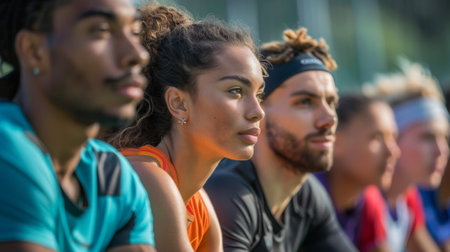 Diverse athletes demonstrating team unity during a pause in competitionの素材