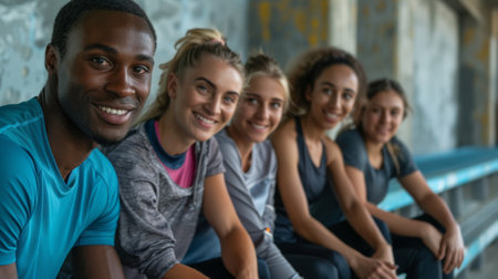 Team spirit: diverse athletes sharing smiles in a group portrait on a benchの素材