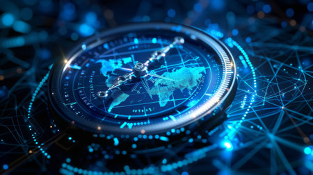 Conceptual digital compass overlaid on a glowing world map, symbolizing strategic global navigationの素材