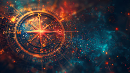 Artistic depiction of a compass with digital enhancements suggesting strategic exploration in technologyの素材