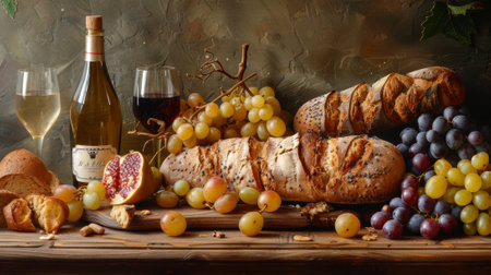 Inviting arrangement featuring bread, wine, grapes, and cheese on a rustic wooden tableの素材