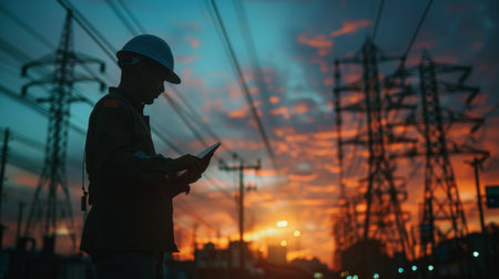 Worker silhouetted against a vibrant sunset at an industrial power grid while using a tabletの素材