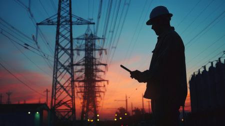 Male engineers silhouette using a tablet with power lines against a colorful sunsetの素材