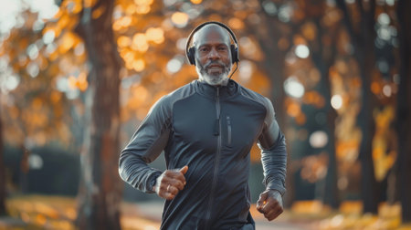Focused mature man enjoys a run in the park with headphones during the fall seasonの素材