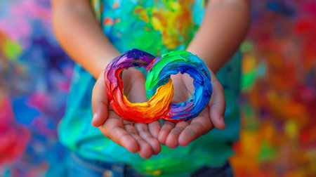 Close-up of a childs hands holding a colorful infinity rainbow symbol for autism awarenessの素材