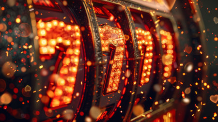 Glowing triple sevens on a slot machine display, indicating a big win with a sparkling, festive backgroundの素材