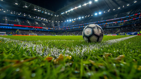 Close-up view of a soccer ball on a field with stadium lights and fans in the background in offenbach, germanyの素材