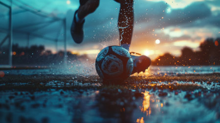 Player skillfully controlling soccer ball at sunset with water splashes in slow motion captured in close-upの素材