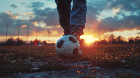 Soccer player performing freestyle tricks with a soccer ball at sunset on a grass fieldの素材