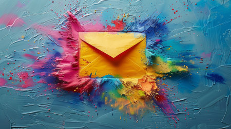 Vibrant paint splashes around a yellow envelope, symbolizing creative communicationの素材