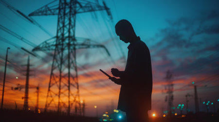 Silhouette of a male engineer reviewing data on a tablet at sunset with power lines in the backgroundの素材
