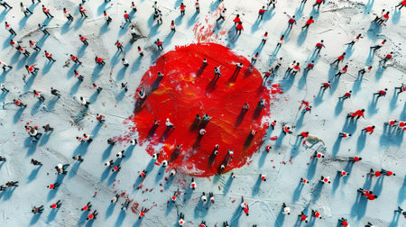 Aerial view of a crowded square with a vibrant red circle at the centerの素材