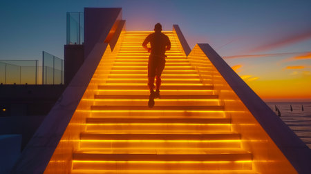 Silhouette of a man jogging up a brightly lit staircase against a vibrant sunset skyの素材