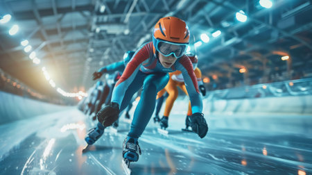 Focused group of speed skaters in racing suits practice on an indoor ice trackの素材