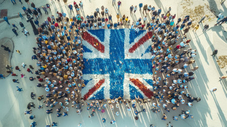 Aerial view of a varied group assembled to create the pattern of the british flagの素材