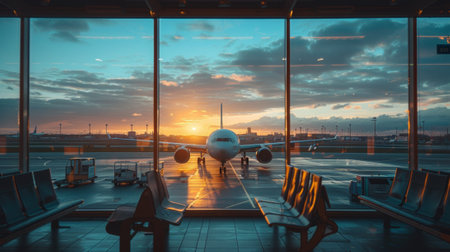 Tranquil scene of an airplane at the gate during a vibrant sunset seen through the terminal windowの素材