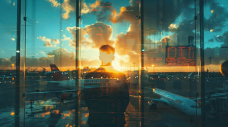 Businessman gazing at airplanes on the runway against a colorful sunset silhouetteの素材