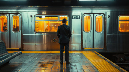 Businessman in a suit waits for a train at a dimly-lit subway station, symbolizing urban lifeの素材