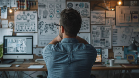 Focused businessman evaluates detailed startup concept sketches on wall boards in a creative workspaceの素材