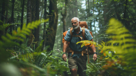 Active elder man with a backpack enjoys a scenic hike among lush greeneryの素材