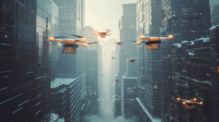 Autonomous drones delivering packages in a snow-covered modern cityscapeの素材