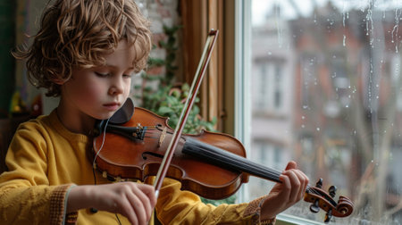Focused young boy playing the violin beside a window on a rainy dayの素材