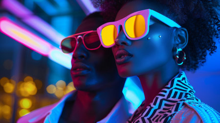 Striking portrait of mixed-race models in neon lighting wearing fashionable eyewearの素材