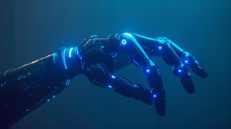 Close-up of a futuristic robotic hand with blue lighting against a dark backdrop, symbolizing advanced technologyの素材