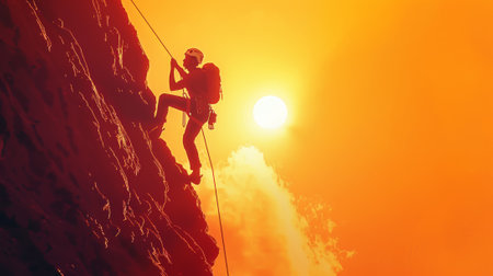 Silhouette of a climber on a steep cliff with a vibrant sunset backdropの素材