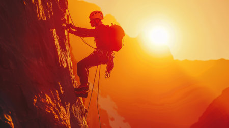 Rock climber in safety gear ascends a steep cliff against a stunning sunset backdropの素材