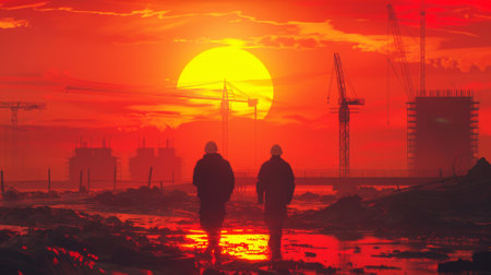 Two construction workers in silhouette against a striking sunset sky with cranes and cityscapeの素材