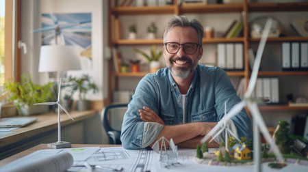 Happy male architect leaning on a table with a blueprint, encircled by model structuresの素材