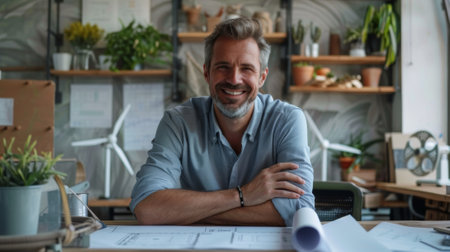 Smiling male architect leaning on a desk with blueprint in a modern office settingの素材
