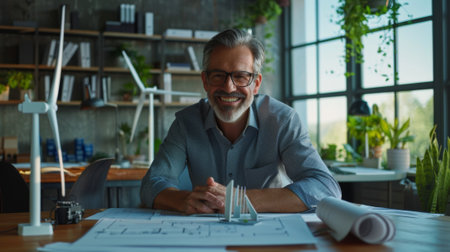 Cheerful mature male architect leaning on a desk with a blueprint in a modern office settingの素材