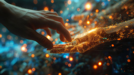 Human hand reaching towards a glowing virtual ai hand, symbolizing futuristic interactionの素材