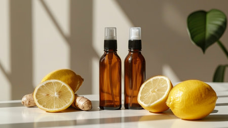 Two amber glass spray bottles alongside fresh lemons and ginger on a sunlit tabletopの素材