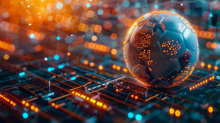 Abstract image presenting a soccer ball with digital analytics interface, symbolizing online sports betting and data analysisの素材