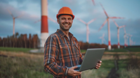 Engineer in hard hat smiling and holding a laptop with wind turbines in the background at duskの素材